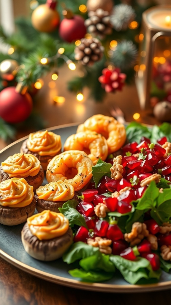 Elegant Christmas Dinner Starters A festive platter of stuffed mushrooms, shrimp cocktail, and salad for Christmas dinner starters.